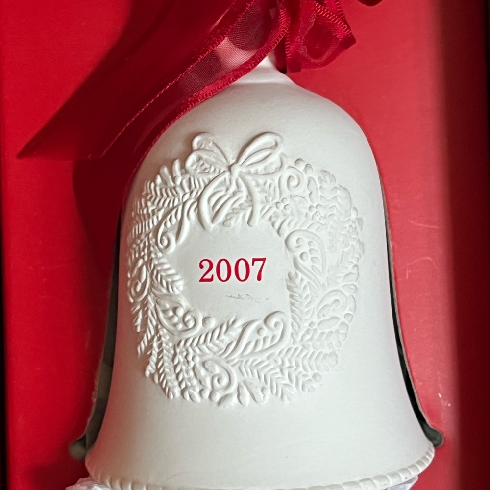 Hallmark White Bell Ornament with Red Ribbon 2007 Porcelain Bell